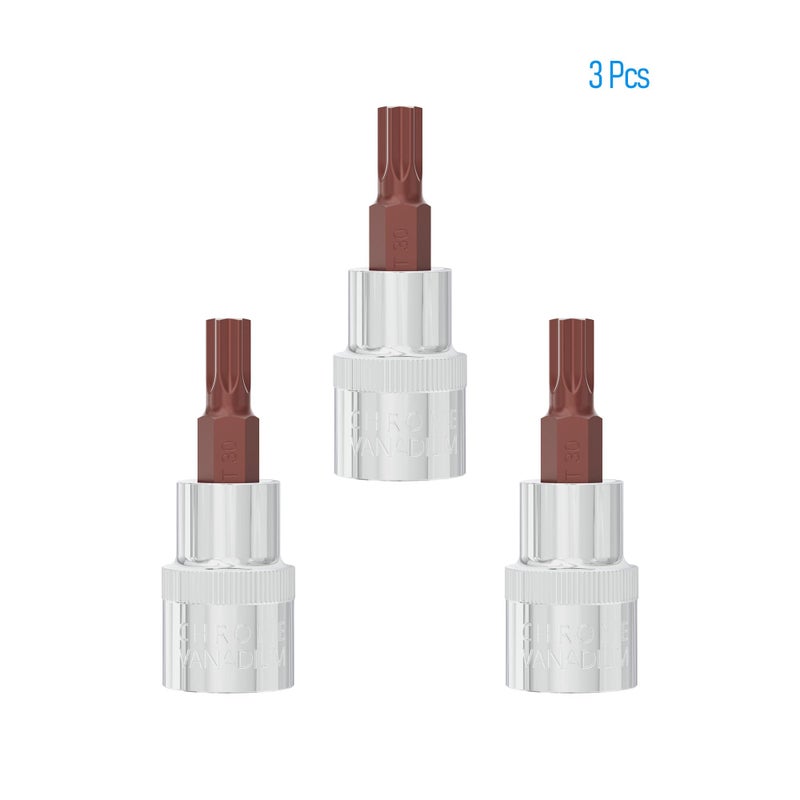 FOCMKEAS 3PCS 3/8"" Drive T30 Torx Bit Socket  S2 Steel Bits  Heat Treated CR-V Steel Star Sockets 1.9"" Length - Image 4